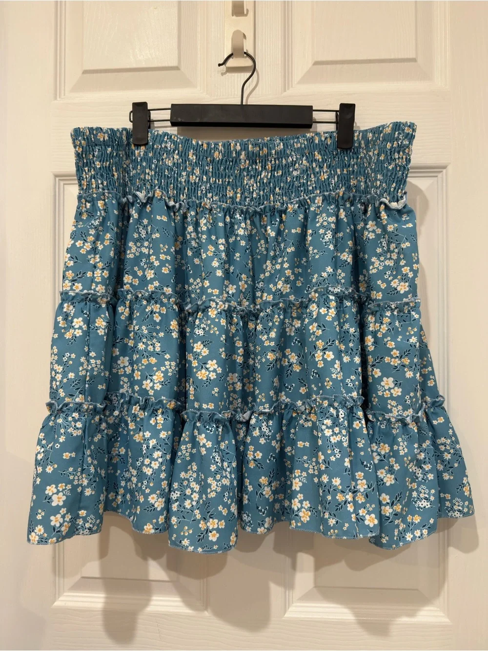 Blue with White and Yellow Ditsy Floral Print Tiered Effect Ruffle Skirt